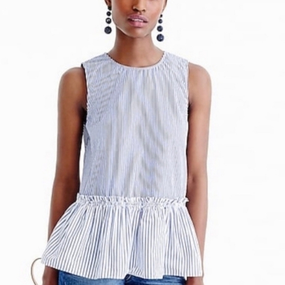 J Crew blue and white striped button back bottom ruffle sleeveless top - Picture 1 of 4